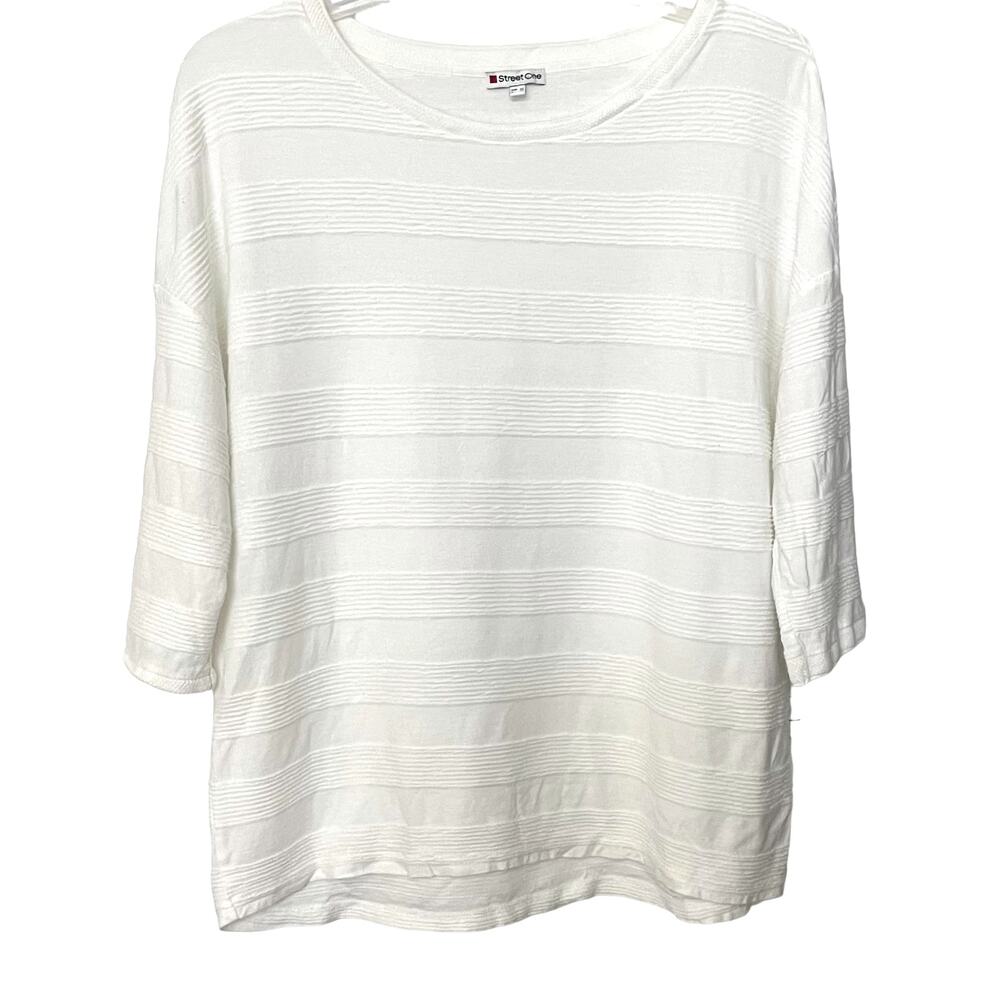 STREET ONE 3/4 SLEEVE PULL-OVER CREW NECK TOP, WOMENS, L-XL, IVORY-RIBBRD LAYERS